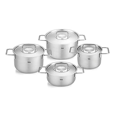 Fissler Pure Collection / 4-piece stainless steel cookware set with metal lid (3 saucepans, 1 frying pan) - Induction, Large on Sale